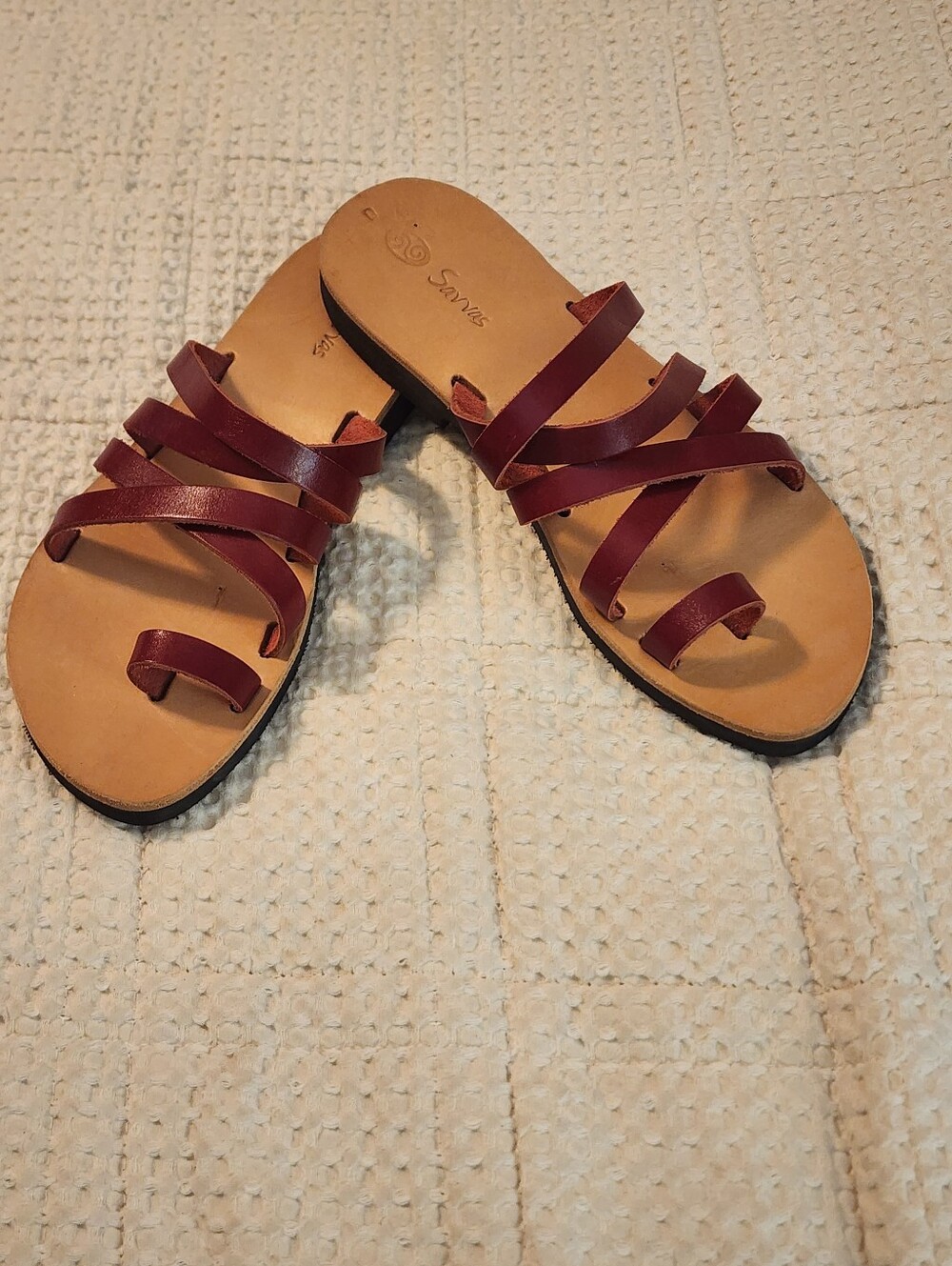 Savaas Greek Sandals Women's Strappy Slide Sandals Sz 9 Deep Red Handmade